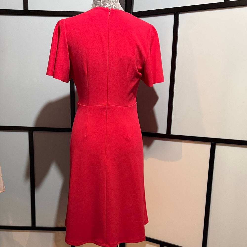 Maggy London Coral-Red Twist Front V-Neck Midi Dress - Picture 3 of 5